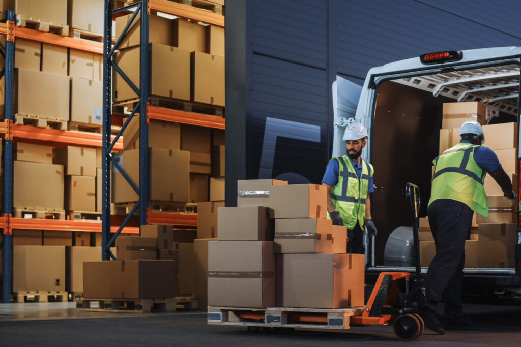 Two warehouse workers in hi-vis vests unloading boxes from a van using a pallet truck in a storage warehouse
